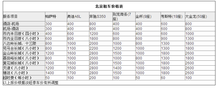 北京租车价格表